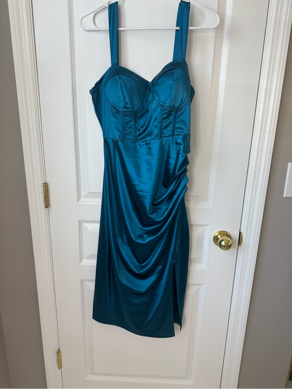 Inspired Hearts Teal Satin Midi Dress with Draped Skirt